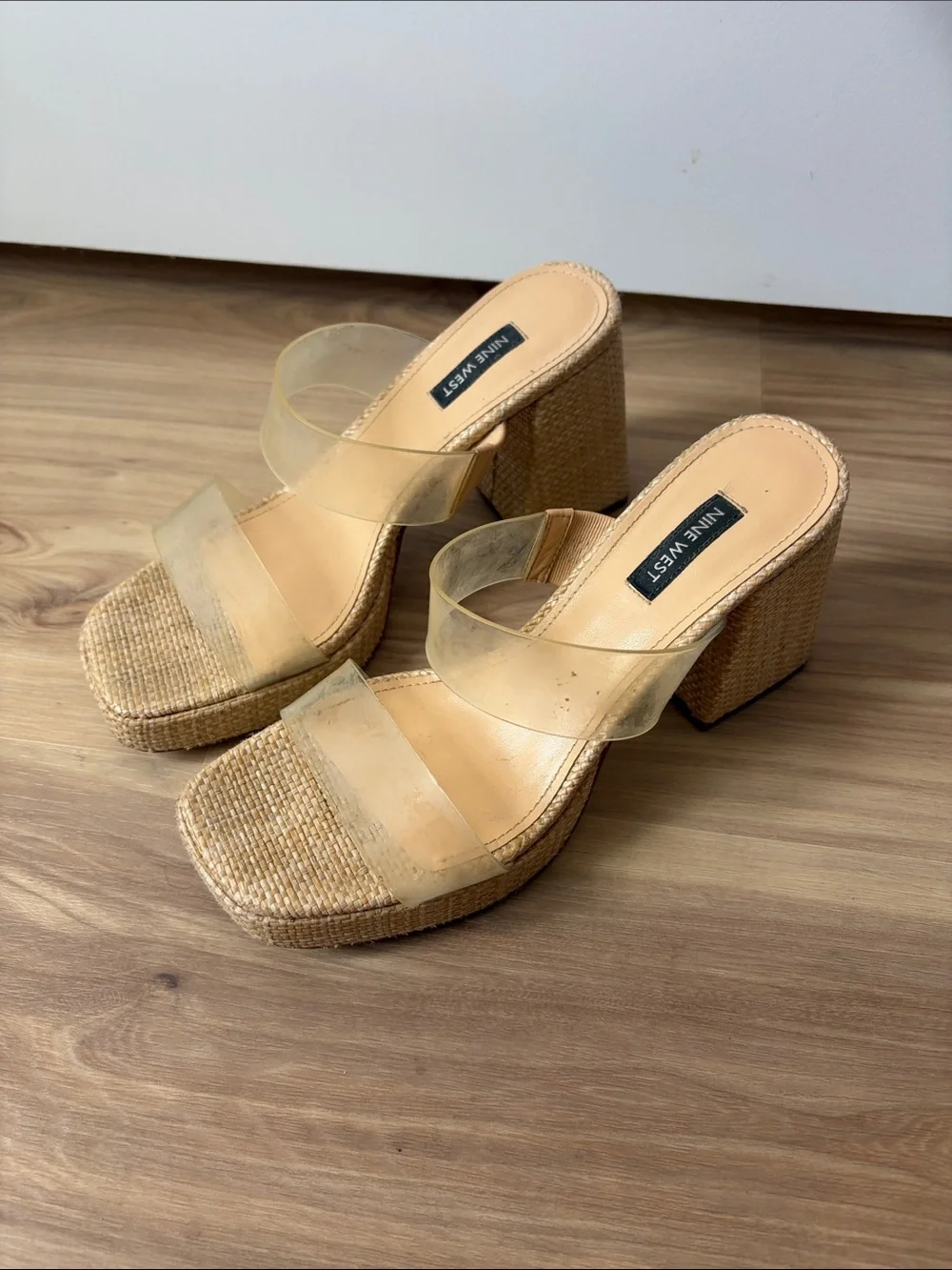 Nine West Clear-Strap Woven Platform Block Heels